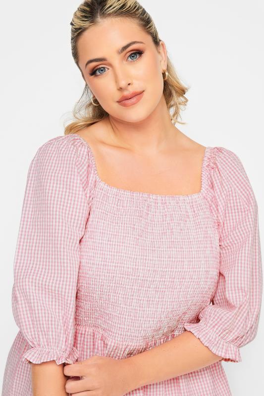 YOURS Plus Size Curve Pink Gingham Print Square Neck Shirred Top | Yours Clothing 4