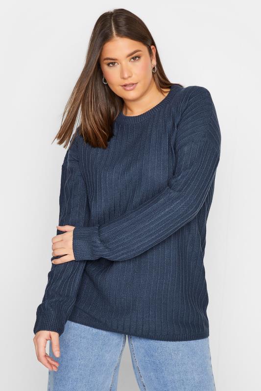  Grande Taille LTS Tall Blue Ribbed Long Sleeve Knit Jumper