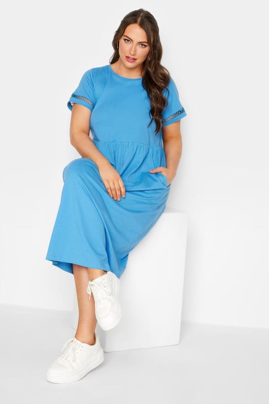 LIMITED COLLECTION Plus Size Blue Crochet Trim T-Shirt Dress | Yours Clothing 2