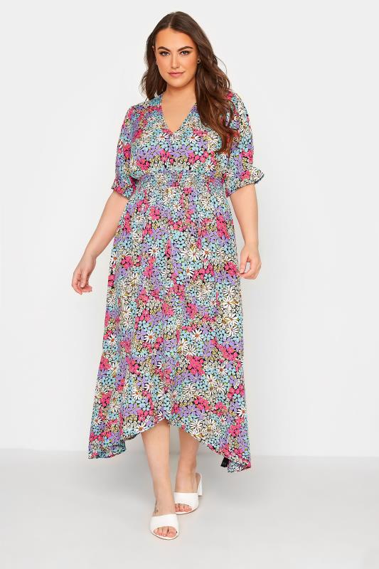 LIMITED COLLECTION Plus Size Black Multicolour Ditsy Print Hanky Hem Midi Dress | Yours Clothing 2