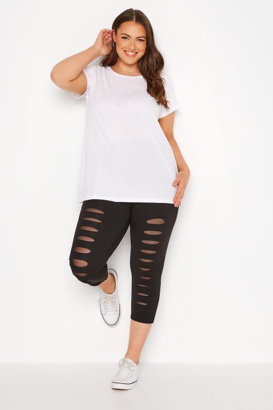 Plus Size Black Ripped Mesh Insert Cropped Leggings | Yours Clothing  2