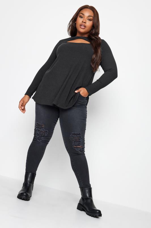 YOURS Curve Black Twist Front Ribbed Swing Top | Yours Clothing
