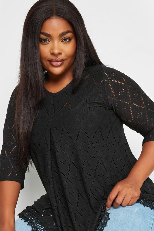 YOURS Plus Size Black Broderie Anglaise Pleat Front Top | Yours Clothing 4
