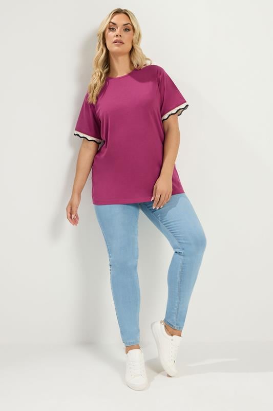 YOURS Plus Size Dark Pink Metallic Crochet Trim T-Shirt | Yours Clothing  1