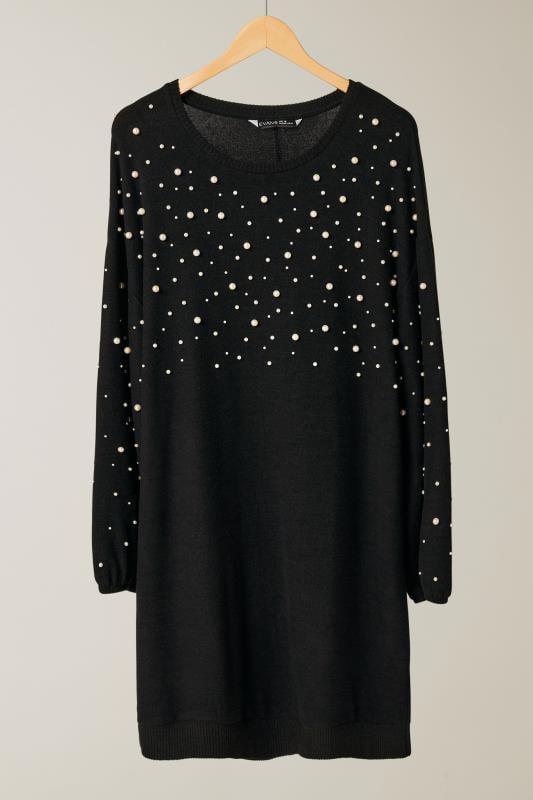 EVANS Plus Size Black Pearl Embellished Soft Touch Jumper Dress | Evans 6