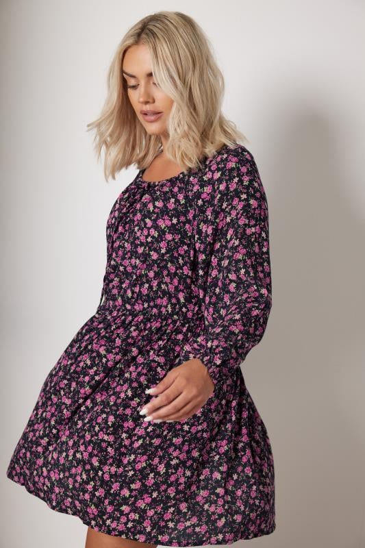 YOURS Plus Size Pink Floral Crinkle Tie Neck Dress | Yours Clothing  1