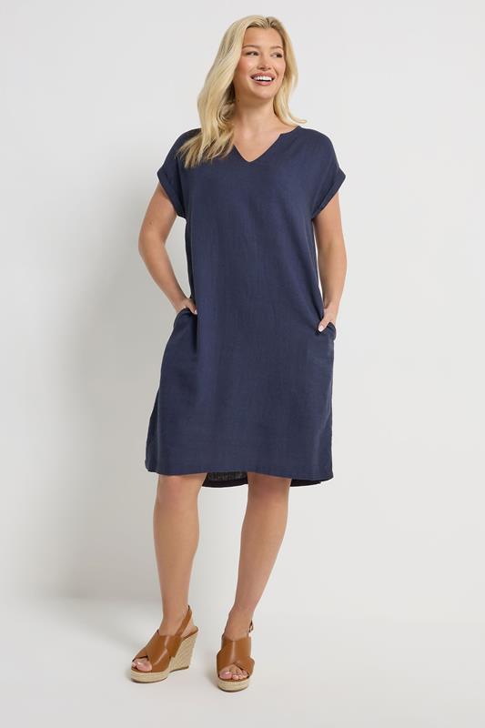 M&Co Navy Blue Notch Neck Linen Dress | M&Co 2