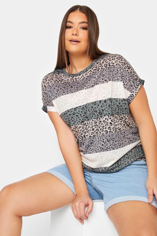 YOURS Curve Slate Grey Stripe Animal Print T-Shirt | Yours Clothing 1