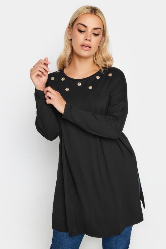  Grande Taille YOURS Curve Black Eyelet Detail Oversized Long Sleeve T-Shirt
