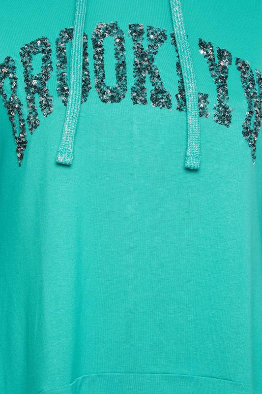 YOURS Plus Size Curve Turquoise Green 'Brooklyn' Slogan Longline Hoodie | Yours Clothing  5