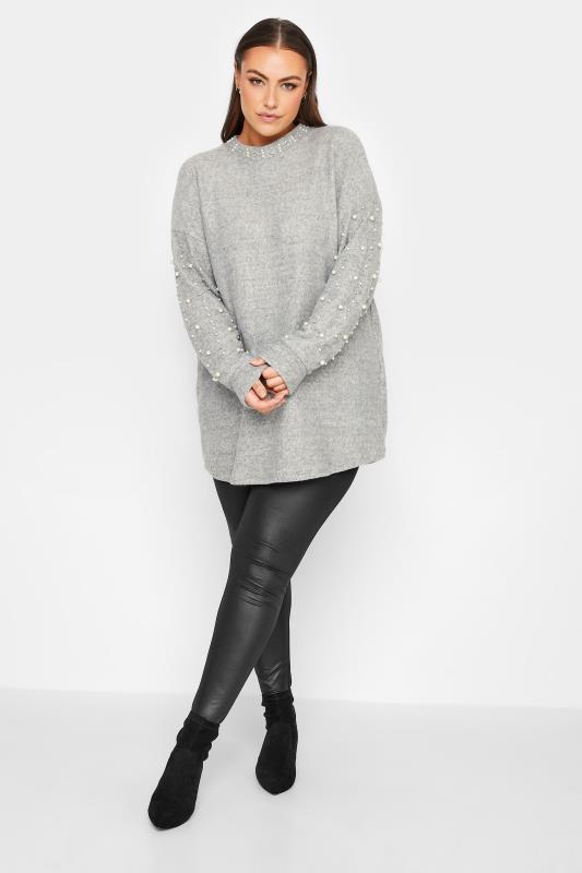 YOURS LUXURY Curve Grey Pearl & Sequin Embellished Long Sleeve Soft Touch Jumper | Yours Clothing 2