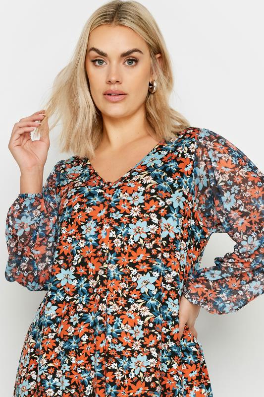 YOURS Plus Size Orange & Blue Floral Mesh Sleeve Blouse | Yours Clothing 4