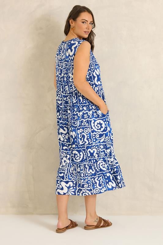 EVANS Plus Size Blue Abstract Print Tie Neck Maxi Dress | Evans 4