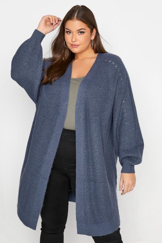 Plus Size  Blue Balloon Sleeve Knitted Cardigan