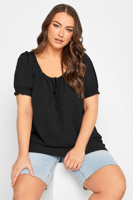 YOURS Curve Plus Size Black Dobby Gypsy Top | Yours Clothing  1