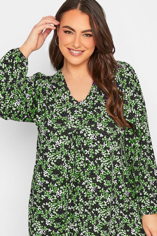 Curve Plus Size Green & Black Floral Print Balloon Sleeve Pleat Top | Yours Clothing  4