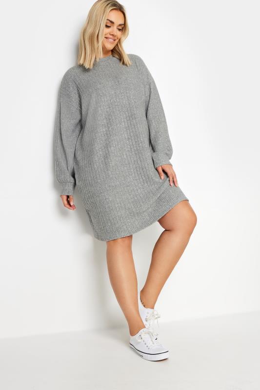 YOURS Plus Size Light Grey Soft Touch Ribbed Jumper Dress Yours Clothing