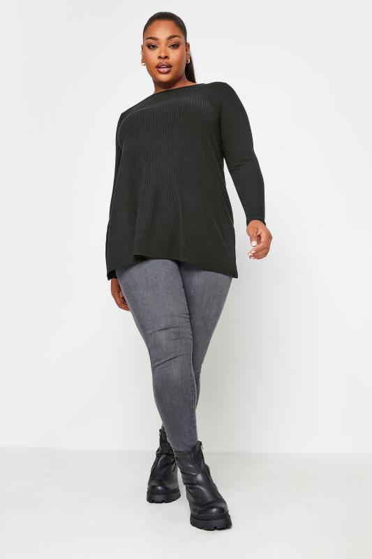 YOURS Plus Size Black Long Sleeve Ribbed Swing Top | Yours Clothing 2