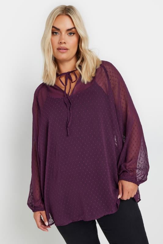 YOURS Plus Size Purple Tie Neck Dobby Blouse | Yours Clothing 1