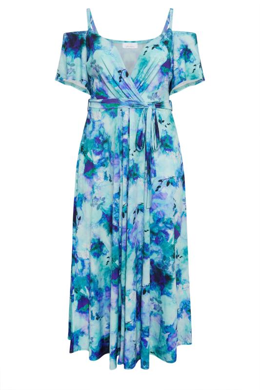 Plus Size  YOURS LONDON Curve Blue Floral Print Cold Shoulder Dress