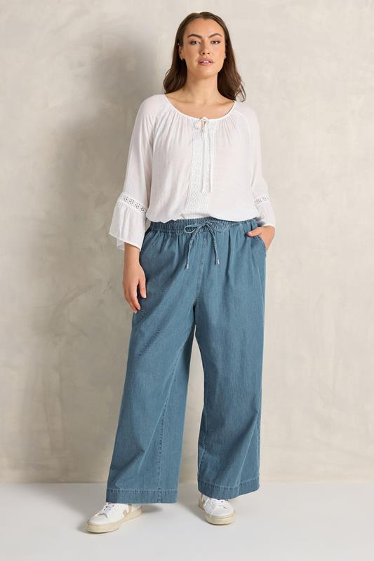 EVANS Plus Size Midwash Blue Wide Leg Denim Trousers | Evans 3