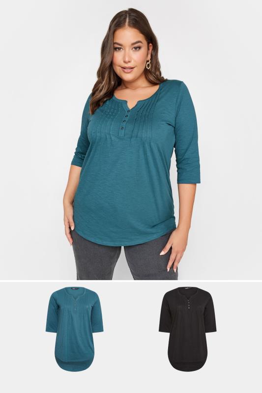YOURS Curve Plus Size 2 PACK Teal Blue & Black Pintuck Henley Tops | Yours Clothing  1