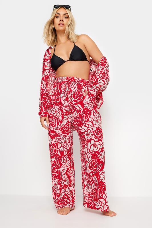 YOURS Plus Size Red Floral Print Crinkle Drawstring Trousers | Yours Clothing 3