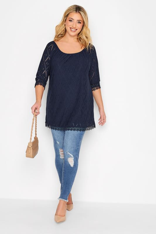 YOURS Plus Size Navy Blue Pointelle Lace Trim Top | Yours Clothing 2