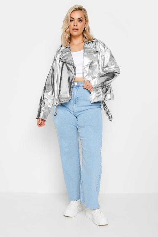 LIMITED COLLECTION Plus Size Silver Metallic Biker Jacket | Yours Clothing 3