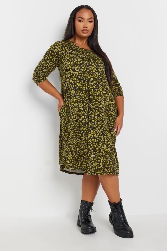  Tallas Grandes YOURS Curve Black & Yellow Floral Print Pocket Dress