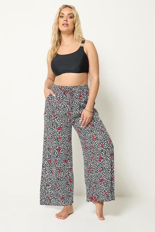  YOURS Crinkle-Hose mit weitem Bein in Schwarz mit Leopardenmuster und Kirschprint
