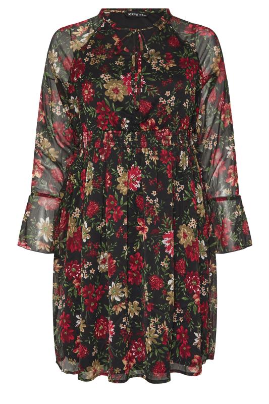 YOURS Plus Size Black & Red Floral Print Chiffon Tie Neck Dress | Yours Clothing 5