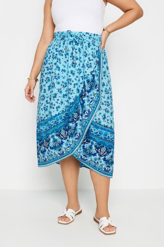 Plus Size  YOURS Curve Blue Floral Print Wrap Skirt