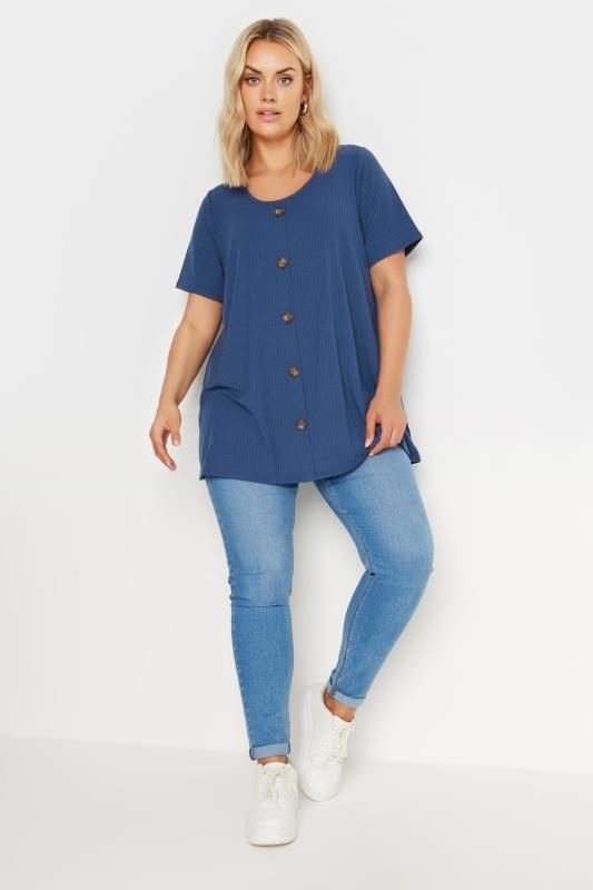 YOURS Plus Size Blue Button Front Ribbed T-Shirt | Yours Clothing 2