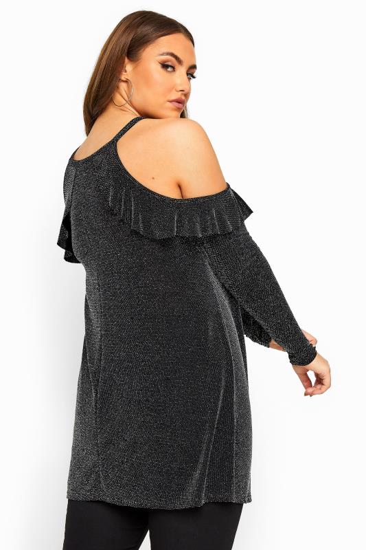 LIMITED COLLECTION Black Metallic Cold Shoulder Frill Scuba Top | Yours ...