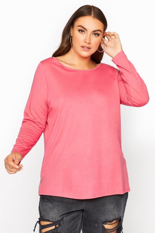 Plus Size  Curve Pink Long Sleeve T-Shirt