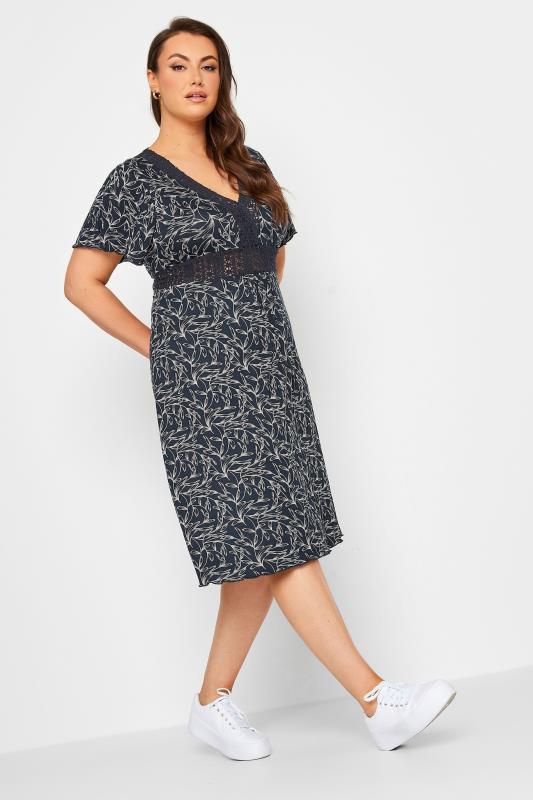 YOURS Plus Size Navy Blue Leaf Print Lace Detail Dress | Yours Clothing 2