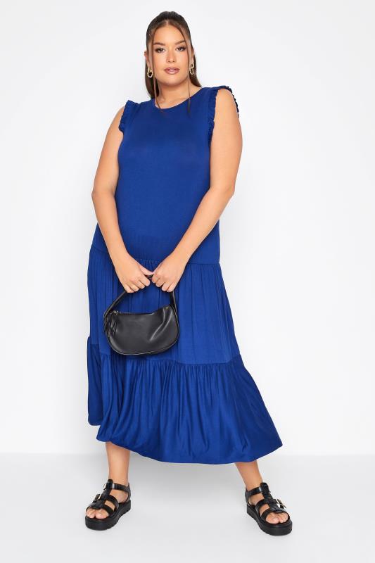 LIMITED COLLECTION Curve Cobalt Blue Frill Sleeve Smock Maxi Dress 1
