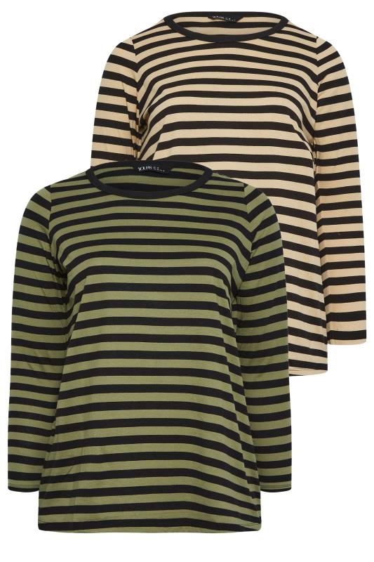 YOURS 2 PACK Plus Size Khaki Green & Beige Stripe Print Long Sleeve T-Shirts | Yours Clothing 7