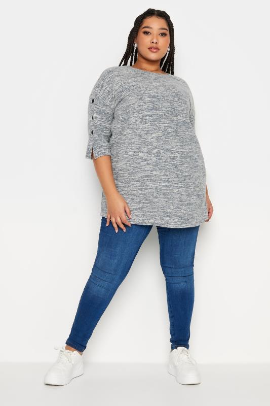 YOURS Plus Size Grey Marl Soft Touch Button Detail Top | Yours Clothing