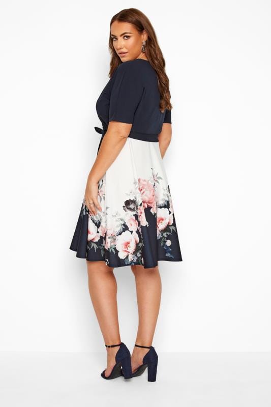 YOURS LONDON Navy & White Floral Border Wrap Dress | Yours Clothing