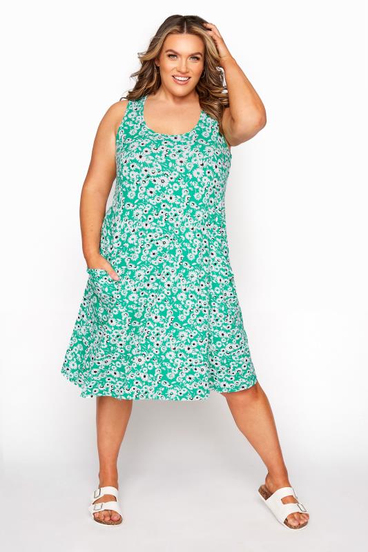 Green Floral Sleeveless Drape Pocket Dress | Yours Clothing