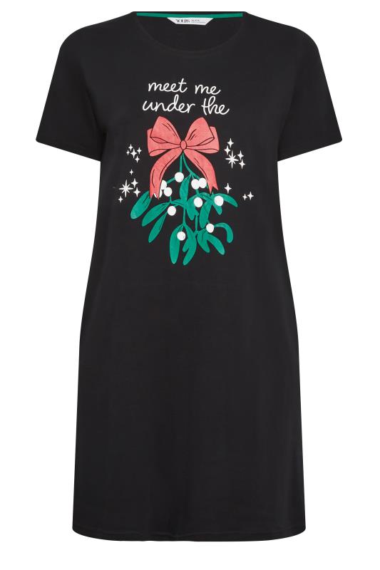 YOURS Plus Size Black 'Meet Me Under The Mistletoe' Slogan Christmas Nightdress | Yours Clothing 8
