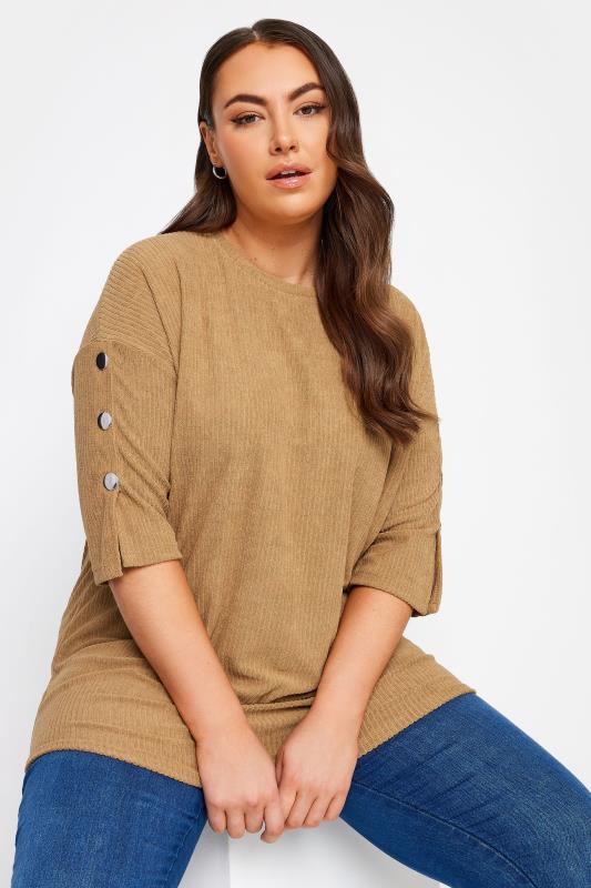 YOURS Plus Size Beige Brown Soft Touch Button Top | Yours Clothing 1