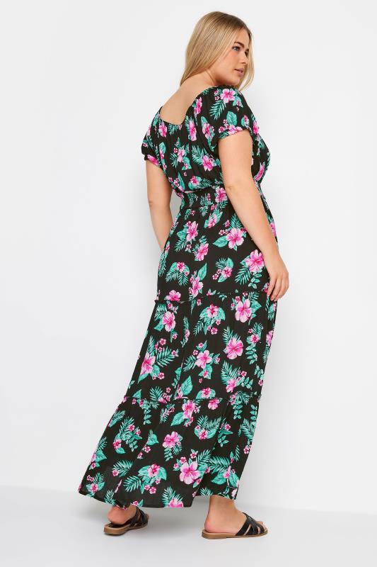 YOURS Plus Size Black Floral Tropical Print Bardot Maxi Dress | Yours Clothing 3