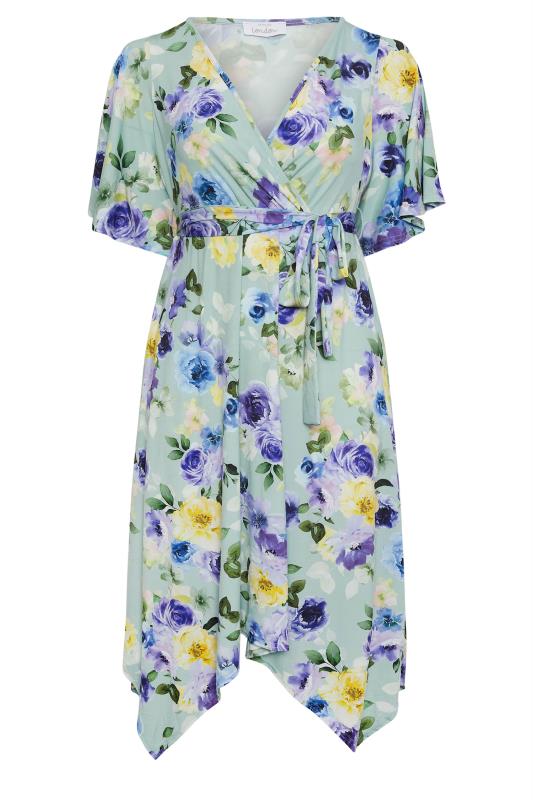 Plus Size  YOURS LONDON Curve Sage Green Floral Print Hanky Hem Wrap Dress