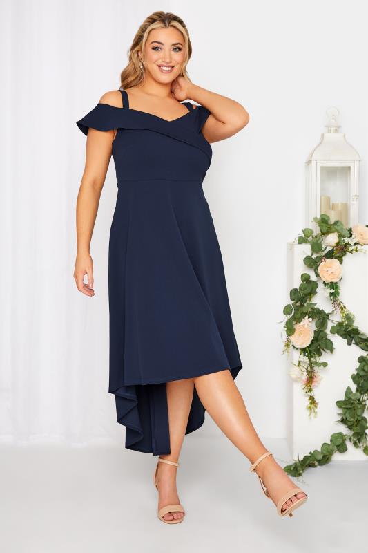 YOURS LONDON Plus Size Curve Navy Blue Bardot High Low Midi Dress | Yours Clothing 2