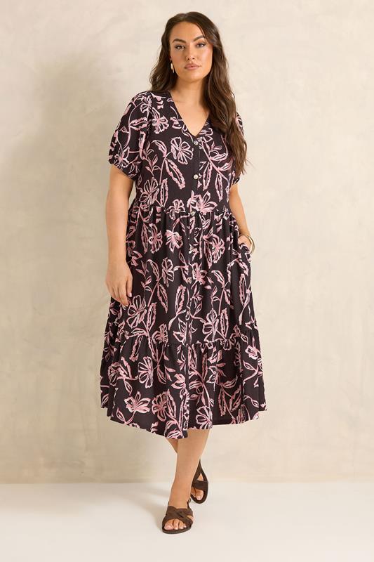 EVANS Plus Size chocolate Brown Floral Tiered Dress | Evans 1