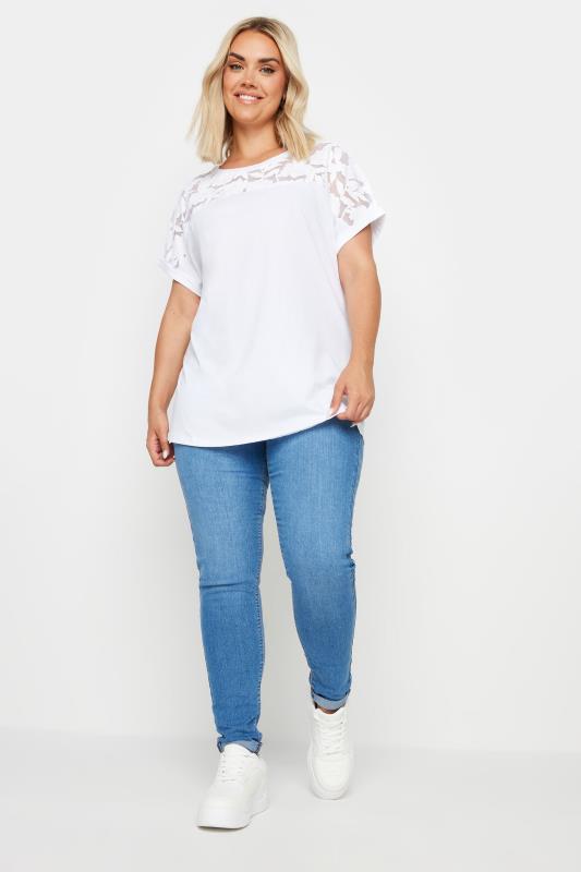 YOURS Plus Size White Floral Mesh Panel T-Shirt | Yours Clothing 2