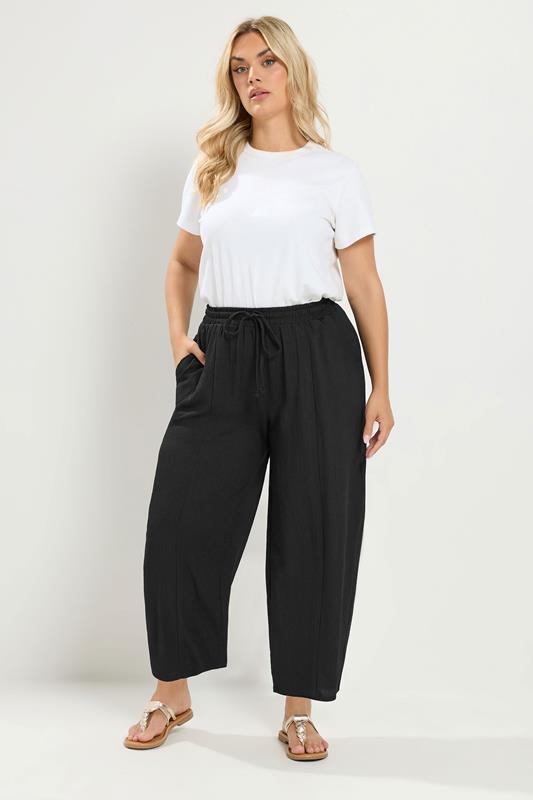  YOURS Curve Black Crinkle Barrel Trousers